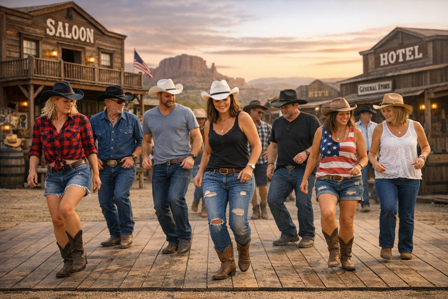 Country dancers in Old West scenery